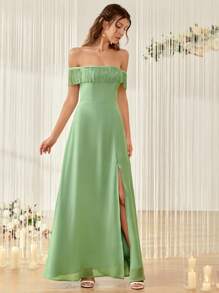 SHEIN Belle Off Shoulder Fringe Trim Split Thigh Chiffon Bridesmaid Dress - Lime Green - View 4