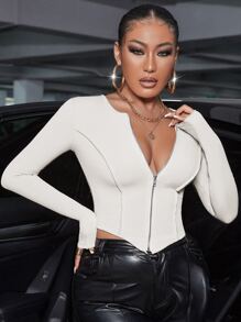 SHEIN SXY Zip Up Seam Detail Hanky Hem Top - White - View 3