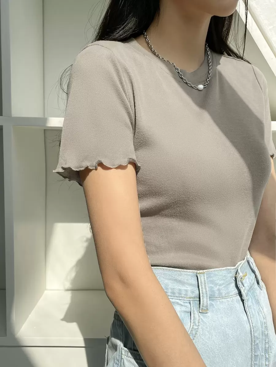 DAZY Lettuce Trim Ribbed Knit Tee Summer - Apricot - View 1