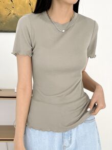DAZY Lettuce Trim Ribbed Knit Tee Summer - Apricot - View 3