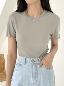 DAZY Lettuce Trim Ribbed Knit Tee Summer - Apricot - View 4