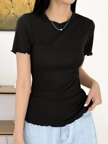DAZY Camiseta de punto acanalada con dobladillo de enagua para el verano - Negro - Ver 3