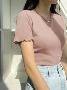 DAZY Lettuce Trim Ribbed Knit Tee - Dusty Pink - View 1