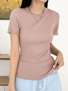 DAZY Lettuce Trim Ribbed Knit Tee - Dusty Pink - View 3