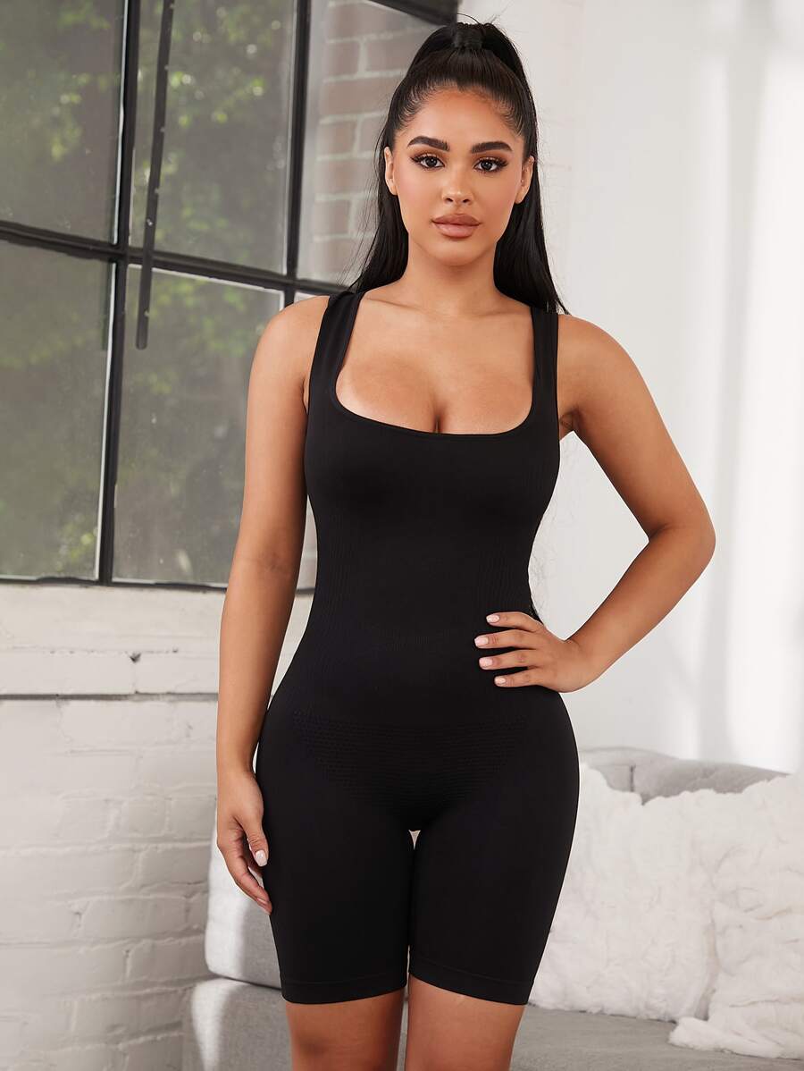 Solid Shorts Shapewear Bodysuit - Black - View 1