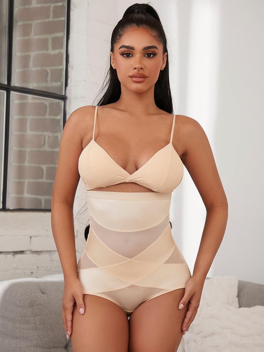 Mesh Insert Shapewear Panty - Apricot - View 1