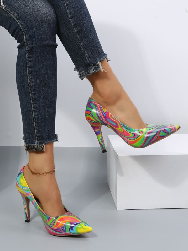 Women Colorblock Point Toe Stiletto Heeled Pumps, Funky Court Pumps