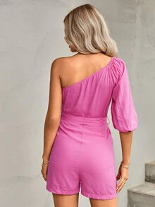 Raglan Lantern Sleeve One Shoulder Belted Romper - Hot Pink - View 2