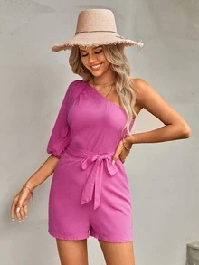 Raglan Lantern Sleeve One Shoulder Belted Romper - Hot Pink - View 3