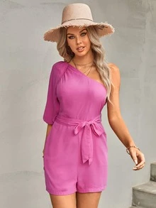 Raglan Lantern Sleeve One Shoulder Belted Romper - Hot Pink - View 4