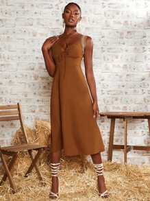 SHEINNeu Floral Embroidered Tie Front Cami Dress - Brown - View 1