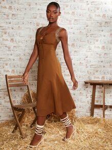 SHEINNeu Floral Embroidered Tie Front Cami Dress - Brown - View 3