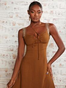 SHEINNeu Floral Embroidered Tie Front Cami Dress - Brown - View 6