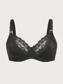 Plus Contrast Lace Bow Detail Underwire Bra - Black - View 1
