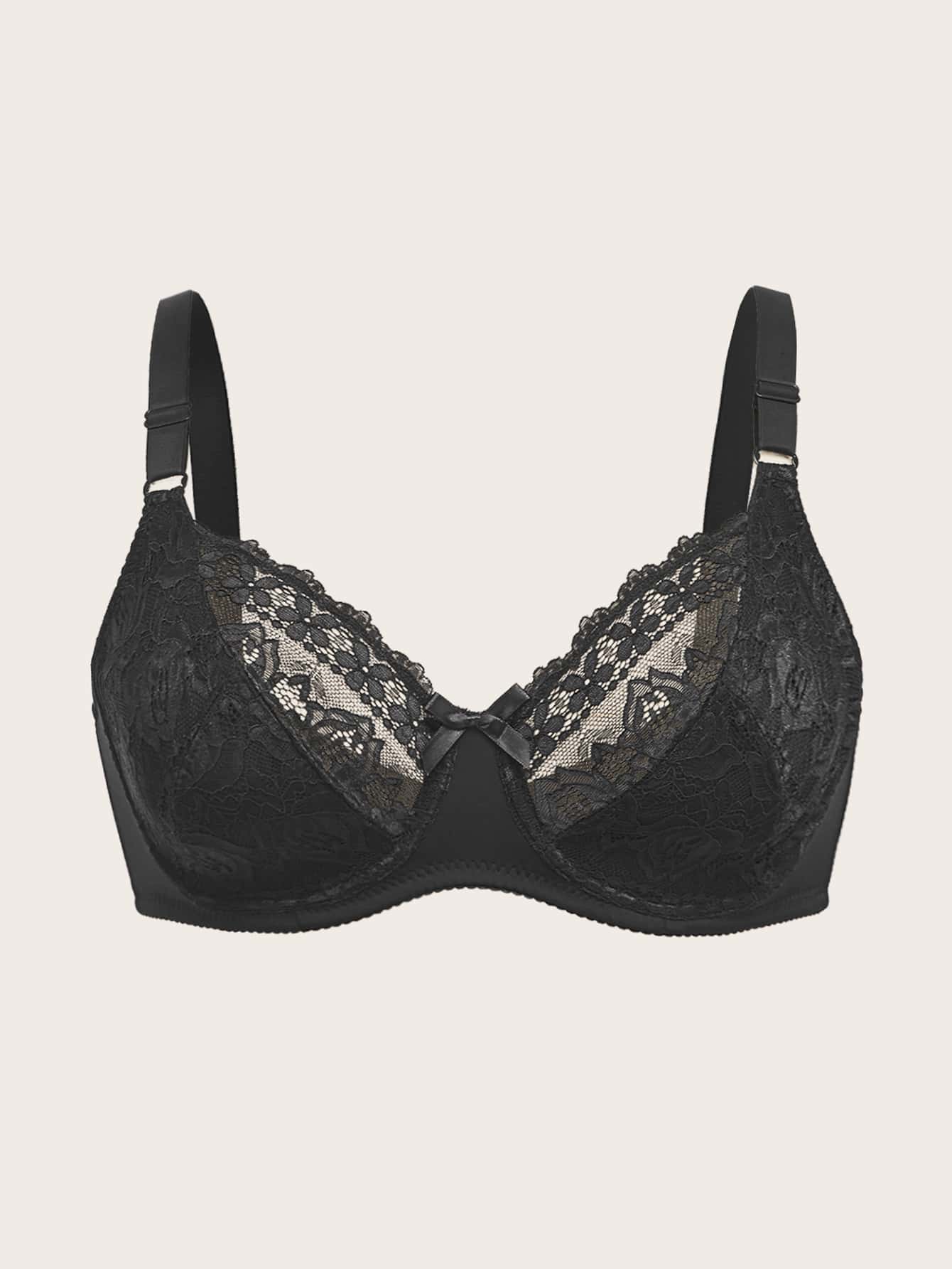 Plus Contrast Lace Bow Detail Underwire Bra - Black - View 1