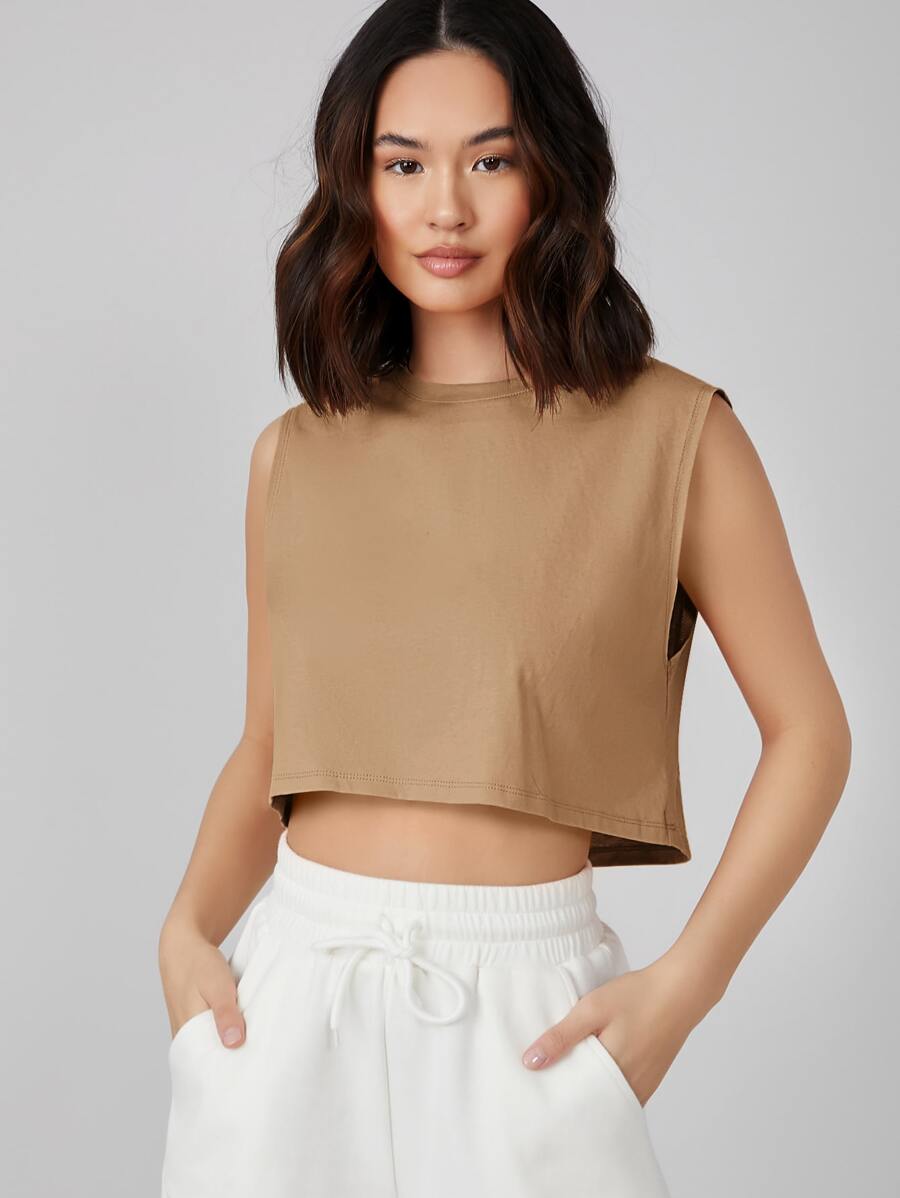 SHEIN BASICS 女性極簡實色無袖針織上衣 - 杏色 - 查看 1