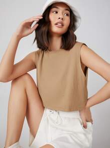 SHEIN BASICS 女性極簡實色無袖針織上衣 - 杏色 - 查看 4