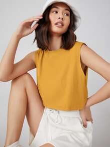SHEIN BASICS Women Minimalist Solid Color Sleeveless Knitting Top - Mustard Yellow - View 4