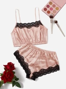 Satin Lace Trim Lingerie Set - Baby Pink - View 1