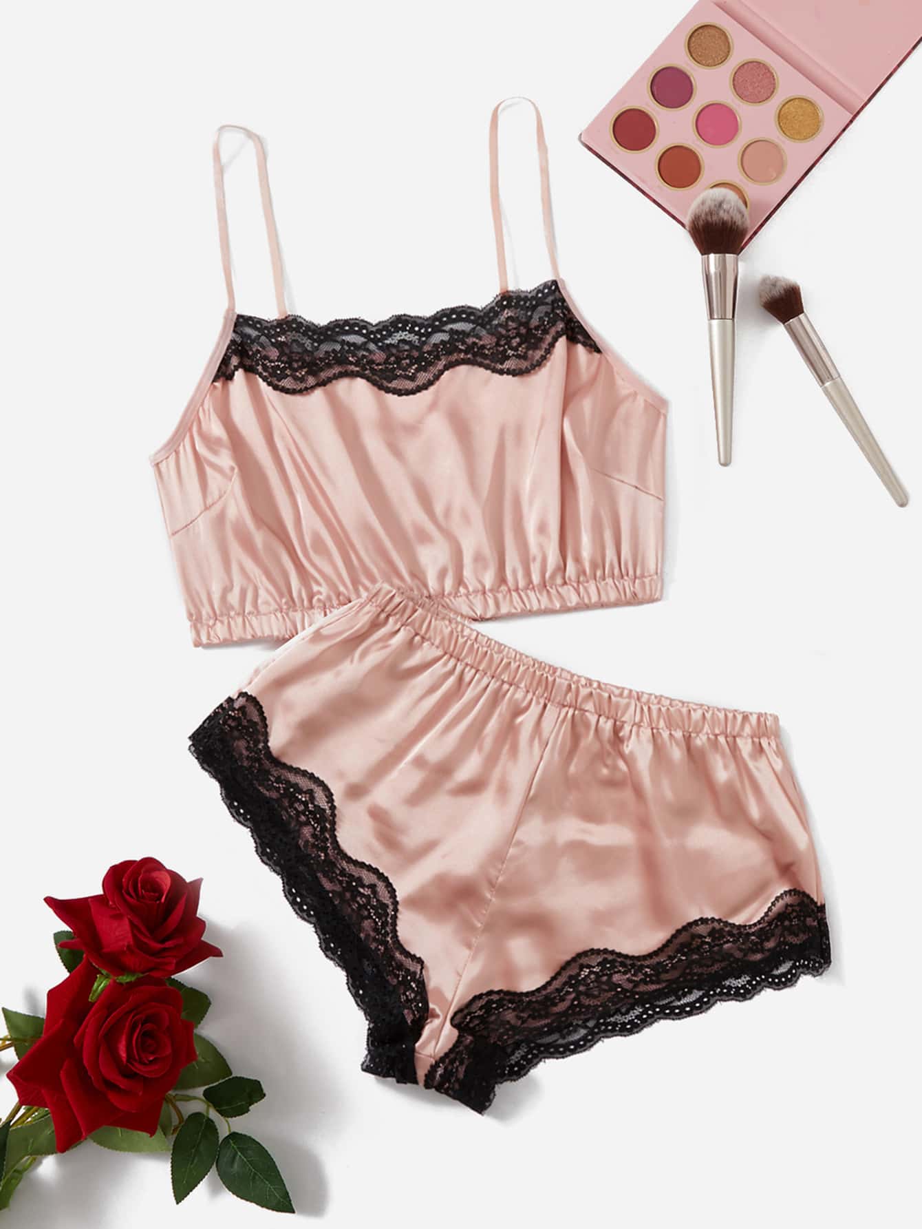 Satin Lace Trim Lingerie Set - Baby Pink - View 1