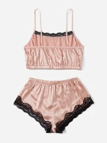 Satin Lace Trim Lingerie Set - Baby Pink - View 2