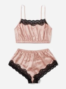 Satin Lace Trim Lingerie Set - Baby Pink - View 3