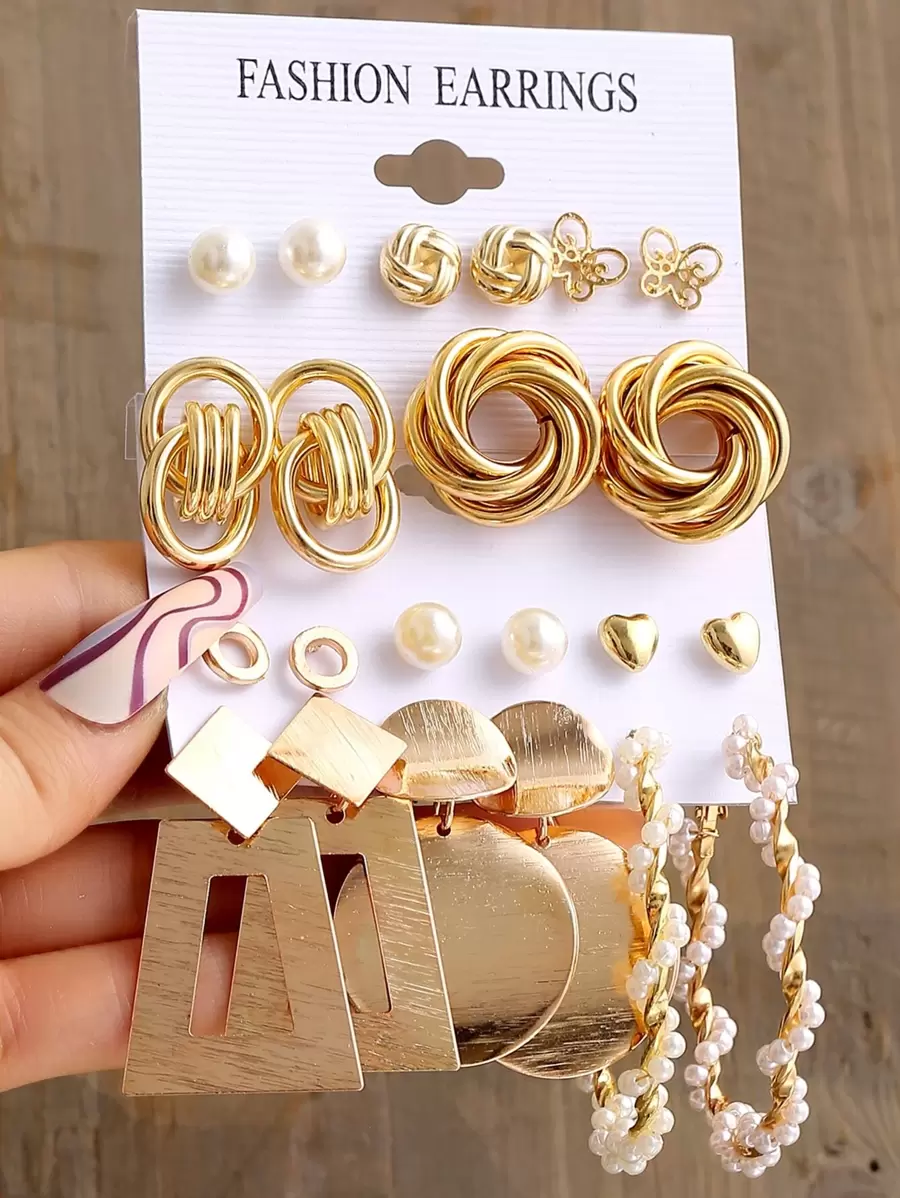 11 Pares Aretes Con Decoración De Mariposa Y Perlas Sintéticas - Amarillo Oro - Ver 1