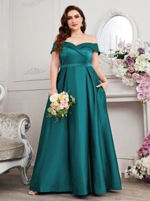 SHEIN Belle Hơn Off Shoulder Xếp nếp Thêm dài Chính thức Váy phù dâu - Màu xanh lá cây đậm - Xem 1