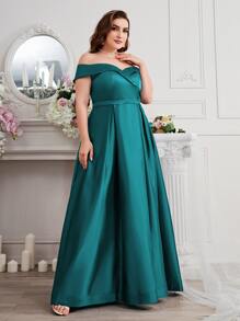 SHEIN Belle Hơn Off Shoulder Xếp nếp Thêm dài Chính thức Váy phù dâu - Màu xanh lá cây đậm - Xem 3