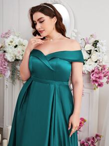 SHEIN Belle Hơn Off Shoulder Xếp nếp Thêm dài Chính thức Váy phù dâu - Màu xanh lá cây đậm - Xem 4