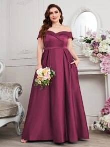 SHEIN Belle Burgundy Red Plus Off Shoulder Fold Pleated Maxi Formal Bridesmaid Dress - Burgundy - View 1