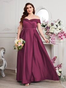 SHEIN Belle Burgundy Red Plus Off Shoulder Fold Pleated Maxi Formal Bridesmaid Dress - Burgundy - View 3