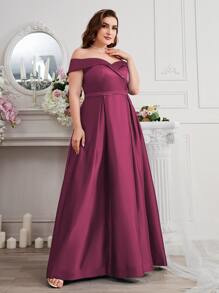 SHEIN Belle Burgundy Red Plus Off Shoulder Fold Pleated Maxi Formal Bridesmaid Dress - Burgundy - View 5