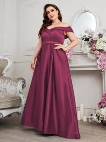 SHEIN Belle Burgundy Red Plus Off Shoulder Fold Pleated Maxi Formal Bridesmaid Dress - Burgundy - View 6