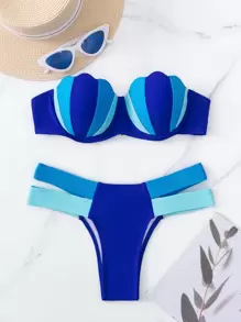 SHEIN Swim 夏季海灘彩色方塊荷葉邊推動上衣比基尼 - 藍色 - 查看 1
