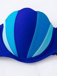 SHEIN Swim 夏季海灘彩色方塊荷葉邊推動上衣比基尼 - 藍色 - 查看 6