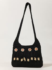 Flower & Beaded Tassel Decor Crochet Bag - Black - View 1