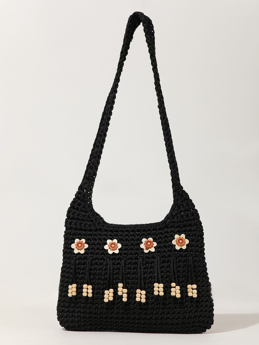 Flower & Beaded Tassel Decor Crochet Bag - Black - View 1