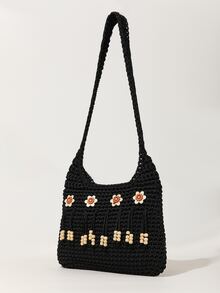 Flower & Beaded Tassel Decor Crochet Bag - Black - View 2