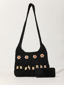 Flower & Beaded Tassel Decor Crochet Bag - Black - View 3