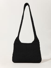 Flower & Beaded Tassel Decor Crochet Bag - Black - View 4