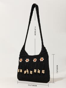 Flower & Beaded Tassel Decor Crochet Bag - Black - View 5