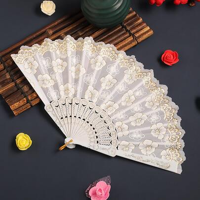 Breezier White Cherry Blossom Hand Fan With Gold Foil Print, Suitable For Home Use