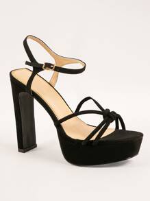 Knotted Ankle Strap Platform Chunky Heels - Black - View 2
