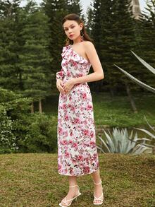 SHEIN X BEEBA Floral Print One Shoulder Lantern Sleeve Ruffle Trim Belted Satin Dress - Multicolor - View 4