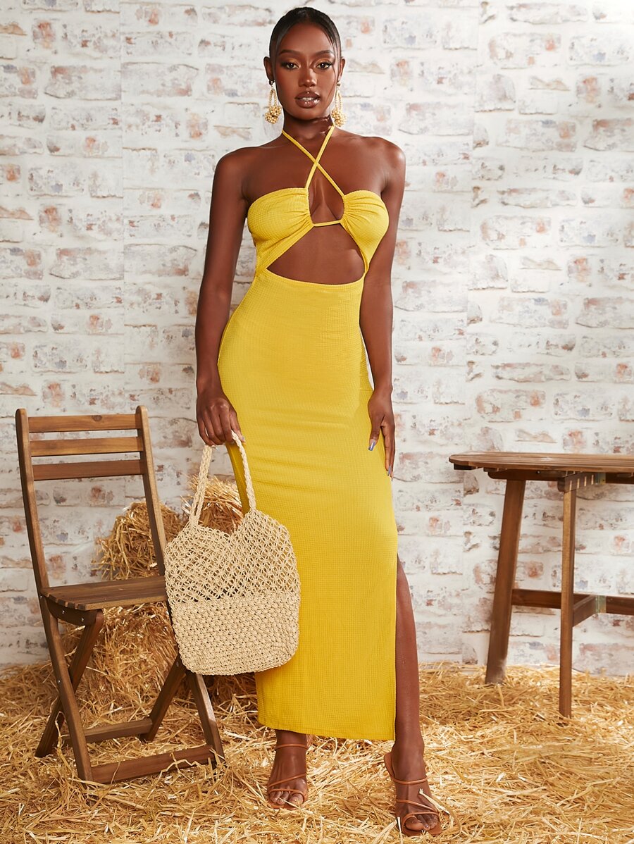 SHEINNeu Cut Out Tie Backless Split Hem Halter Dress - Yellow - View 1