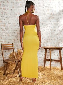 SHEINNeu Cut Out Tie Backless Split Hem Halter Dress - Yellow - View 2