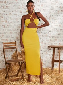 SHEINNeu Cut Out Tie Backless Split Hem Halter Dress - Yellow - View 3