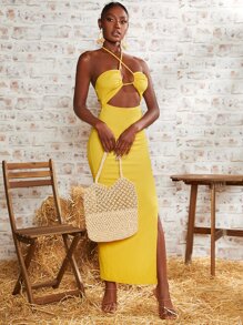 SHEINNeu Cut Out Tie Backless Split Hem Halter Dress - Yellow - View 4