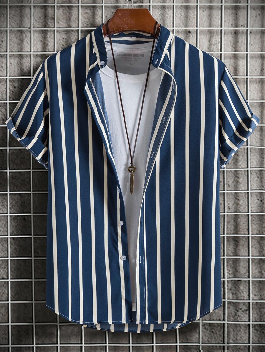 Manfinity Homme Men 1pc Striped Print Shirt - Blue and White - View 1